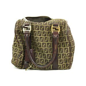 Preowned Fendi Women's Canvas Zucchino Boston Travel Bag In Beige & Brown